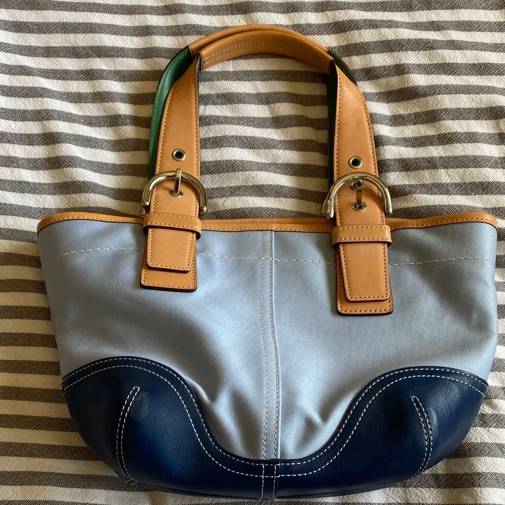 Coach Light Blue and Navy Leather Shoulder Tote with Tan Handles